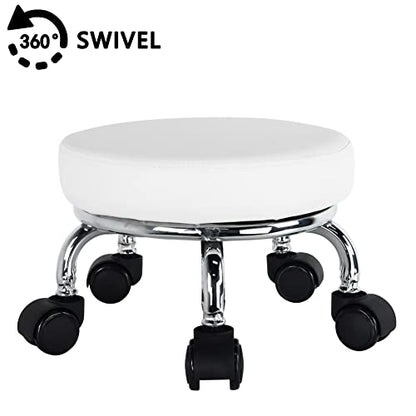 Modern Roller Seat PU Leather Low Round Rolling Stool 360° Swivel Small Seat with Universal Wheels Foot Stool for Home Office Garage Shop Fitness Sport H：8.6" （White） (White)