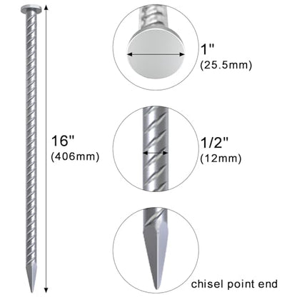 Rebar Stakes 16 Inch Galvanized Metal Steel Ground Spikes Heavy Duty (T-16 Inch-24 Pcs / T-16 Inch-Φ1/2"-Galvanized)