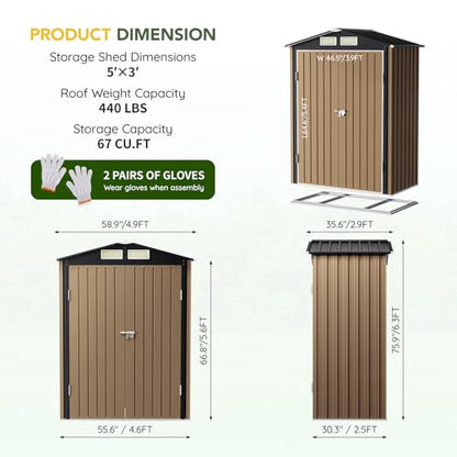 Outdoor Steel Storage Shed with Floor Frame 5 x 3 ft (3X5FT/Base / Brown)
