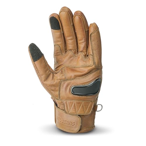 Leather Motorcycle Gloves for Men with Light Tricot Inner Lining Bike Riding Gloves with Fingers and Knuckle Padding with Adjustable Magic Tape Fastener (Large / Short Billy Tan)