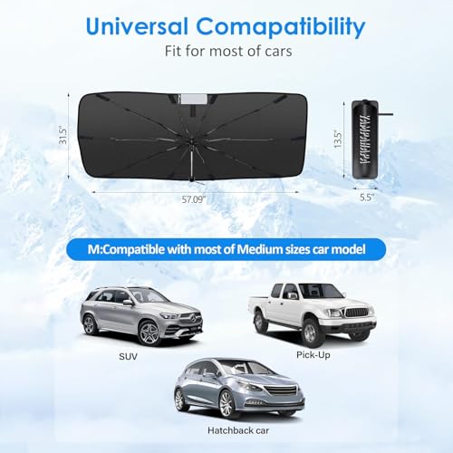 2026 Upgrade] Car Windshield Sun Shade Umbrella (56 x 31 in / Black+Sliver)