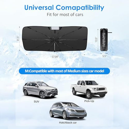 2026 Upgrade] Car Windshield Sun Shade Umbrella (56 x 31 in / Black+Sliver)