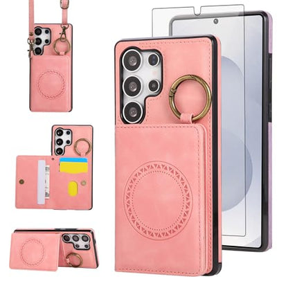 Compatible with Samsung Galaxy S24 Ultra 5G Wallet Case and Screen Protector Crossbody Shoulder Strap Stand Card Holder Magnetic Car Mount Cell Phone Cover for S24Ultra S 24 24Ultra Women Men Pink (Rose Gold / for S24 Ultra)