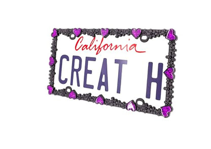 3D Shining Daisy Heart License Plate Frame from Pure Zinc Alloy Metal Perfect Plate Holder (Matt Black with Purple Glitter, Luminously Heart)