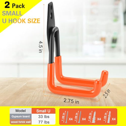 2 Pack Heavy Duty Garage Hooks Storage Organizer Wall Mount Power and Garden Tool Hangers (Small U Hook / Orange 2 pack)