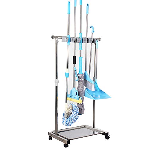 movable mop broom holder put wet mops floor standing cleaning tool rack stainless for schools (5slots)
