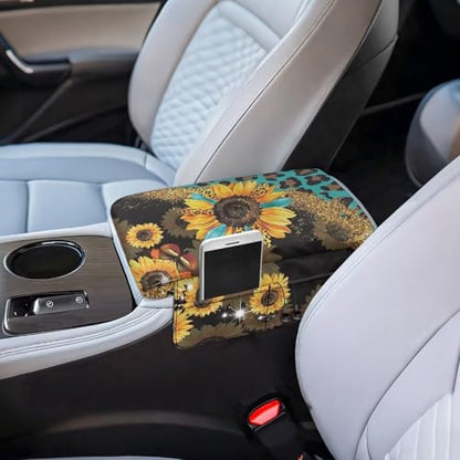 Sunflower Leopard Print Blue Car Center Console Cover Comfortable Armrest Seat Box Pad with Organizer Pockets Anti (Sunflower Leopard Print Blue)