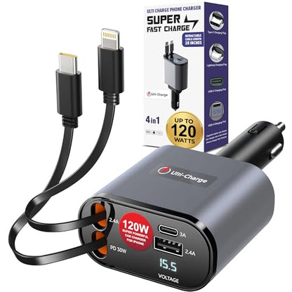 Ulti Charge iPhone Car Charger USB C Fast Charge Retractable 120W 4 (Retractable Lightning & USBC)