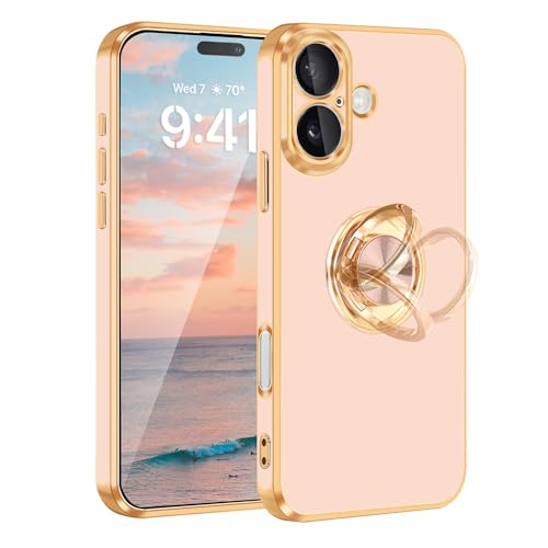 for iPhone 16 Case 360° Rotatable Ring Holder Magnetic Kickstand (For iPhone 16(6.1 inch,2024) / D-Rose Gold)