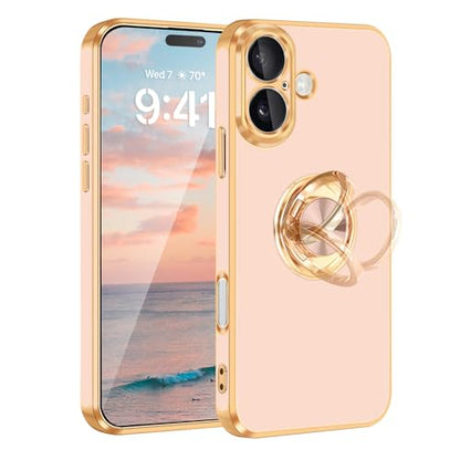 for iPhone 16 Case 360° Rotatable Ring Holder Magnetic Kickstand (For iPhone 16(6.1 inch,2024) / D-Rose Gold)