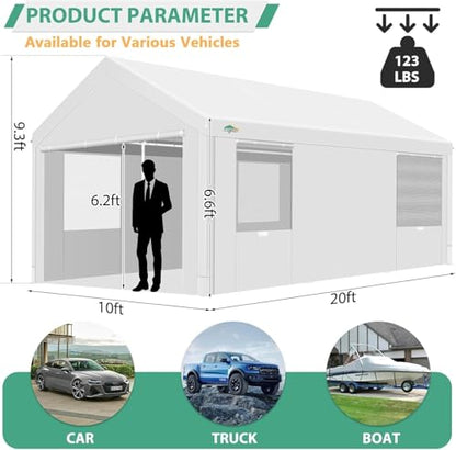 Carport 10x20ft Heavy Duty Portable Garage (White0605 / 10x20FT (+4 Walls))