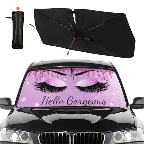 Car Windshield Sunshade Umbrella Eyes Eyelashes Funny Sun Shade Cover Upgraded Sunshade Windshield Umbrella with 360° Bendable Handle for Protect Car Interior 57"x30" (Eyelashes)