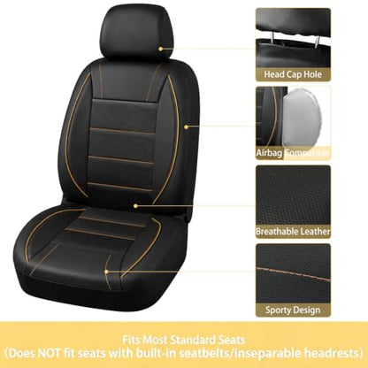 10 PCS Leather Car Seat Covers Front Seats Set (Steering Wheel Cover Set / Black and beige)