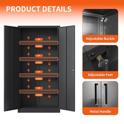 Metal Storage Cabinet for Garage (Black / L - 2 Doors & 5 Shelves (Wheelless))