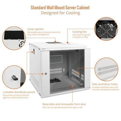 9U Wall Mount Rack Network Cabinet for 19" IT Equipment (9U/Glass Door / White)