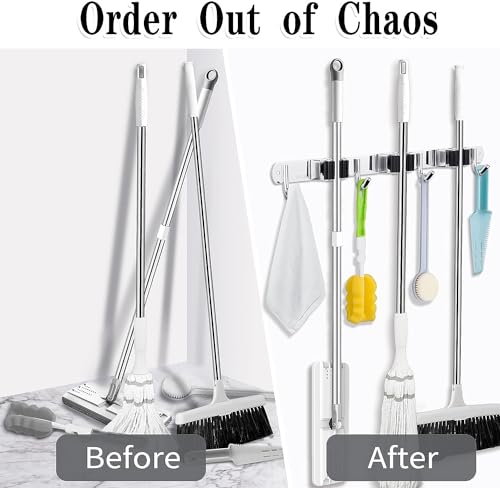 2 Pack Broom Holder Wall Mount (3 Racks & 4 Hooks (Silver) - 2 Pack)
