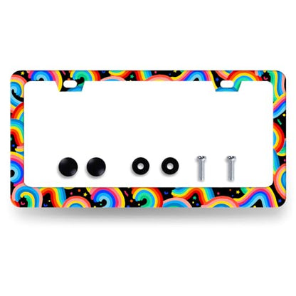 Stainless Steel Colorful Boho Rainbow License Plate Frame 12.2 x 6.2 Inch (Cute Boho Rainbows)