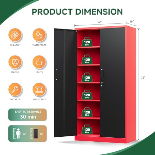 Metal Garage Storage Cabinets with Lock (72 X 36 X 18 In(H X W X D) / Black Red)