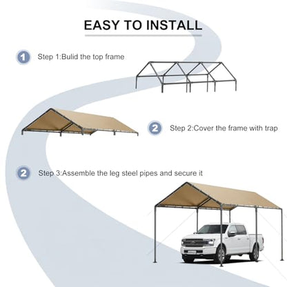 10'x20' Outdoor Heavy Duty Carport Storage Shed Portable Garage Boat Shelter Party Tent Waterproof & UV Galvanized Protected Tarp Beige (Beige / 10x20 FT（No Side）)