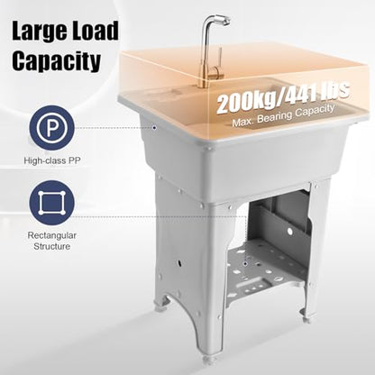 Freestanding Utility Sink Plastic Wash Station with Storage Shelf Indoor (F / Gray-25.6*21.65*31.5in)