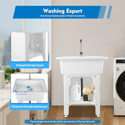 Freestanding Utility Sink Plastic Laundry Sink Spacious Laundry Tub Sink with Storage Shelf Indoor Outdoor Slop Sink Wash Station for Bathroom Laundry Washing Room (B / White-25.6*21.65*31.5in)