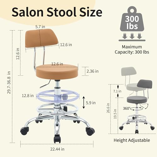 Rolling Stool with Back (Camel Brown / With Back & Footrest)