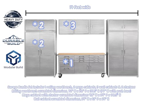 Heavy Duty 8 Piece Steel Garage Cabinet Storage Set with Rolling Workbench (Granite)