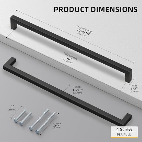 100 Pack 10 Inch Black Cabinet Handles Kitchen Drawer Pulls (Matte Black / 10 Inch Hole Centers)