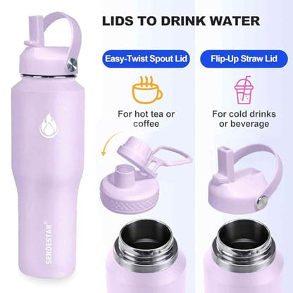 32oz Water Bottle Wide Mouth Stainless Steel Vacuum Insulated Double Wall with 2 Straw Lids Fit in Any Car Cup Holder (Lilac / 32 Ounces)