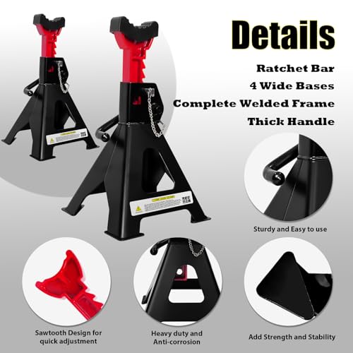 6 Ton Jack Stands (6 Ton Double Pin Locking with Rubber Pads / Black+Red)