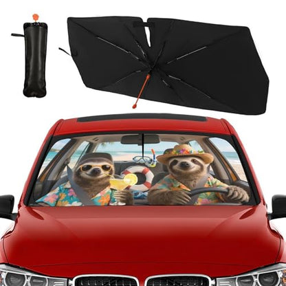 Funny Sloth Car Windshield Sun Shade Umbrella Bendable Handle Foldable Animal Print Sloth Sunshade for Car Windshield Block UV Rays Keep Vehicle Cool for Most Sedans SUV Trucks Cars 57"x30" (147*75cm,33*11cm / Sloth)