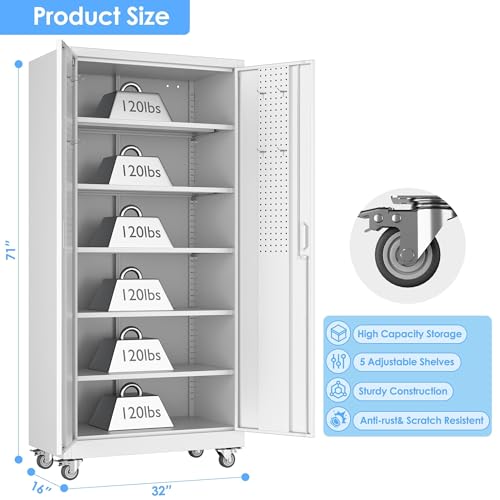71" White Metal Storage Cabinet with Wheels (White / 16"D x 32"W x 71"H)