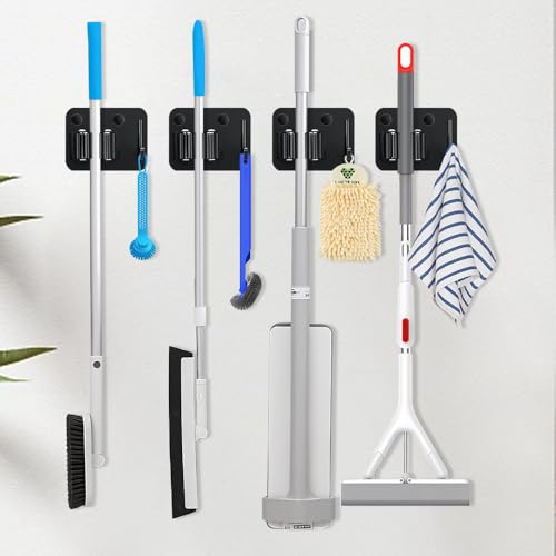 4 Pack Broom Holder with Heavy Duty Hooks (4PCS-Matte Black+Hook)