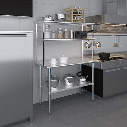 Stainless Steel Work Table Double Tier Overshelf (24" x 48" Work Table + 18" Overshelf)
