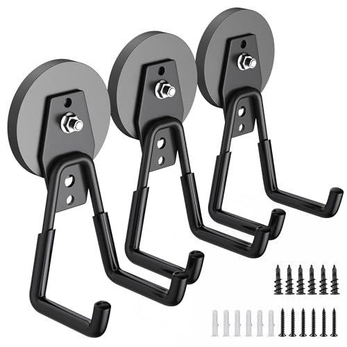 3Pcs Heavy Duty Storage Magnetic Utility Hooks Large Garage Strong Extra Magnet Hooks Hanger with Anti (2.6" Magnet-3 Pack-Black)