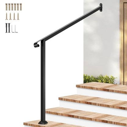 4 Step Stair Handrail 48"x39" Wrought Iron with 1 Curved End Black (Black / 4 Steps)
