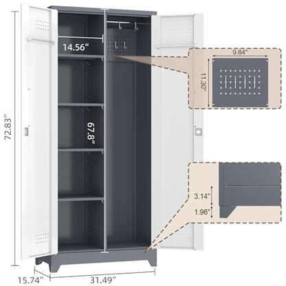 72'' Metal Utility Storage Cabinet with Pegboard & Tool Hanging Bars (Gray&white / 72.8"H Broom Cabinet)