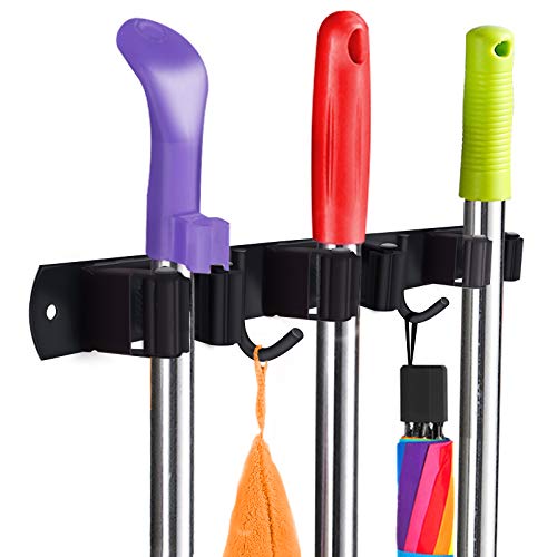 Heavy Duty Stainless Steel Broom Holder (3 Racks and 2 Hooks)