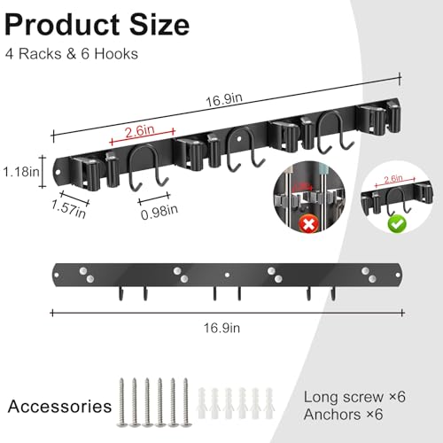 Broom Holder Wall Mount (Black-2 Pack)
