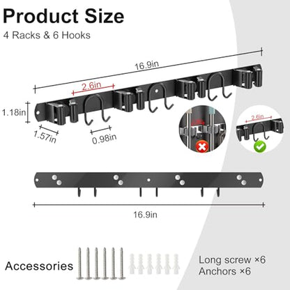 Broom Holder Wall Mount (Black-2 Pack)