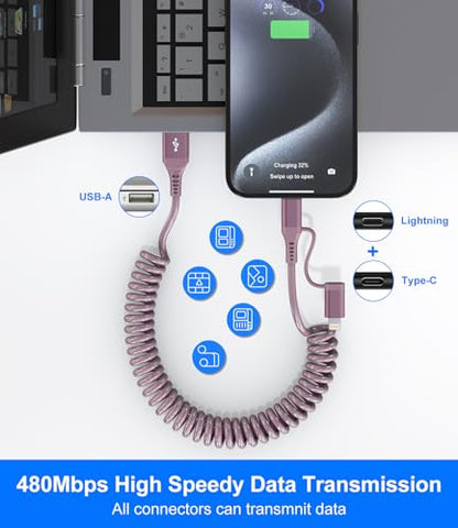 USB to USB C and Lightning Pink Car Charger Cable (Pink)