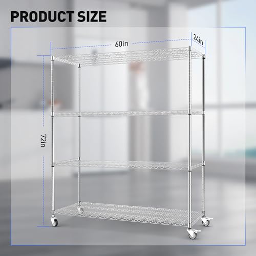 Heavy Duty Rolling Wire Shelving Unit with Wheels (Silver / 60"x 24"x72" - 4-Tier)