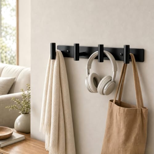 Wall Mounted Coat Rack ("T" Shape 4 Hooks - 1 Pack / Black)