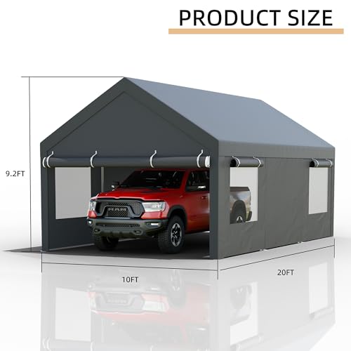 JY QAQA 10x20 FT Heavy Duty Carport with Removable Side Walls and Doors (Gray / 10x20 FT)