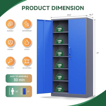 Metal Garage Storage Cabinets with Lock Door and Adjustable Shelves (71 X 32 X 16 In(H X W X D) / Grey Blue)