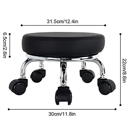 Modern Roller Seat PU Leather Low Round Rolling Stool 360° Swivel Small Seat with Universal Wheels Foot Stool for Home Office Garage Shop Fitness Sport H：8.6" （Black） (Black)