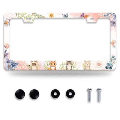 Cat License Plate Frame Beautiful Butterflies Flowers License Plate Holder Funny Personalise Car Stainless Stee Decorative Parts for Standard Us Canada Vehicles 12x6 Inch for Women Men (Cat)