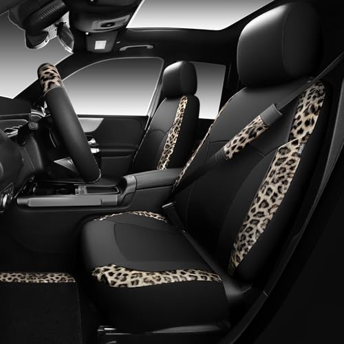 Leopard Print Faux Leather Car Seat Covers & Leopard Car Mats&Leopard Steering Wheel Cover Seat Belt Universal Car Accessories for SUV (Leopard Gold combo)