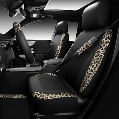 Leopard Print Faux Leather Car Seat Covers & Leopard Car Mats&Leopard Steering Wheel Cover Seat Belt Universal Car Accessories for SUV (Leopard Gold combo)