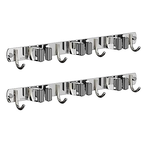 2 Pack Mop and Broom Holder Wall Mount for Kitchen Garden Garage Laundry (Silver / 2 Pack 3 Racks with 4 Hooks)